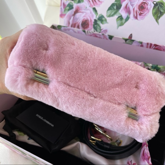 NEW Pink Leather Brand Logo Handbag Rabbit Fur Padlock Lizard - Picture 9 of 9